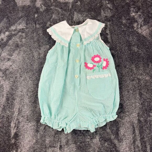 Vtg Copper Key Gingham Seersucker Peter Pan Collar Romper Girls 3T Floral - Picture 1 of 9
